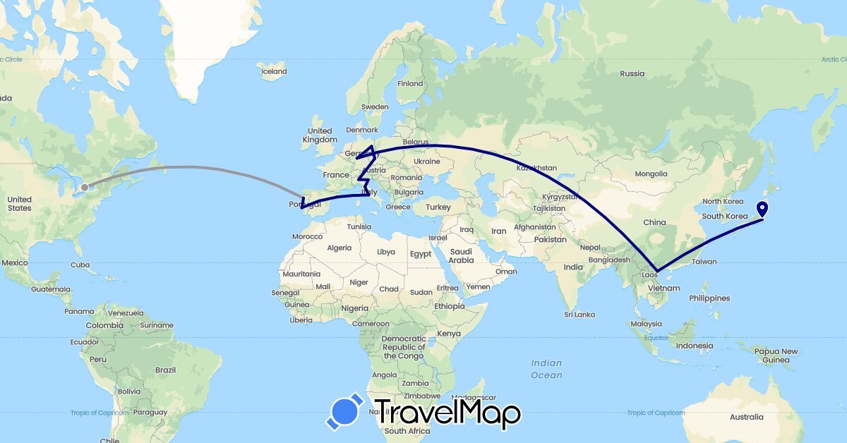 TravelMap itinerary: driving, plane in Canada, Czech Republic, Germany, Spain, Italy, Japan, Portugal, Vietnam (Asia, Europe, North America)